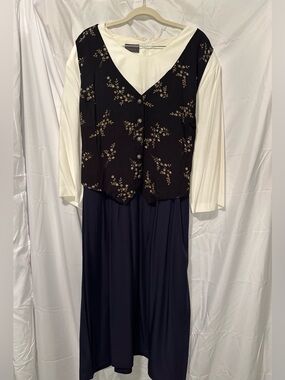 VTG Tina Barrie Black White Floral Vest Prairie Cottagecore Dress Long Sleeve XL
